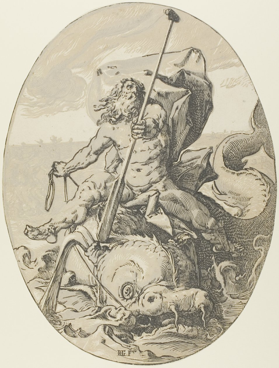 Oceanus, talíř dva z Demogorgon a božstva od Hendrick Goltzius