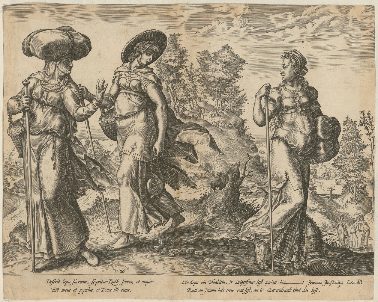 Orpa opouští Rút a Noemi [strana 1] a Rút na poli před Boázem [strana 2], strany 1 a 2 série „Příběh Rút“ od Hendrick Goltzius