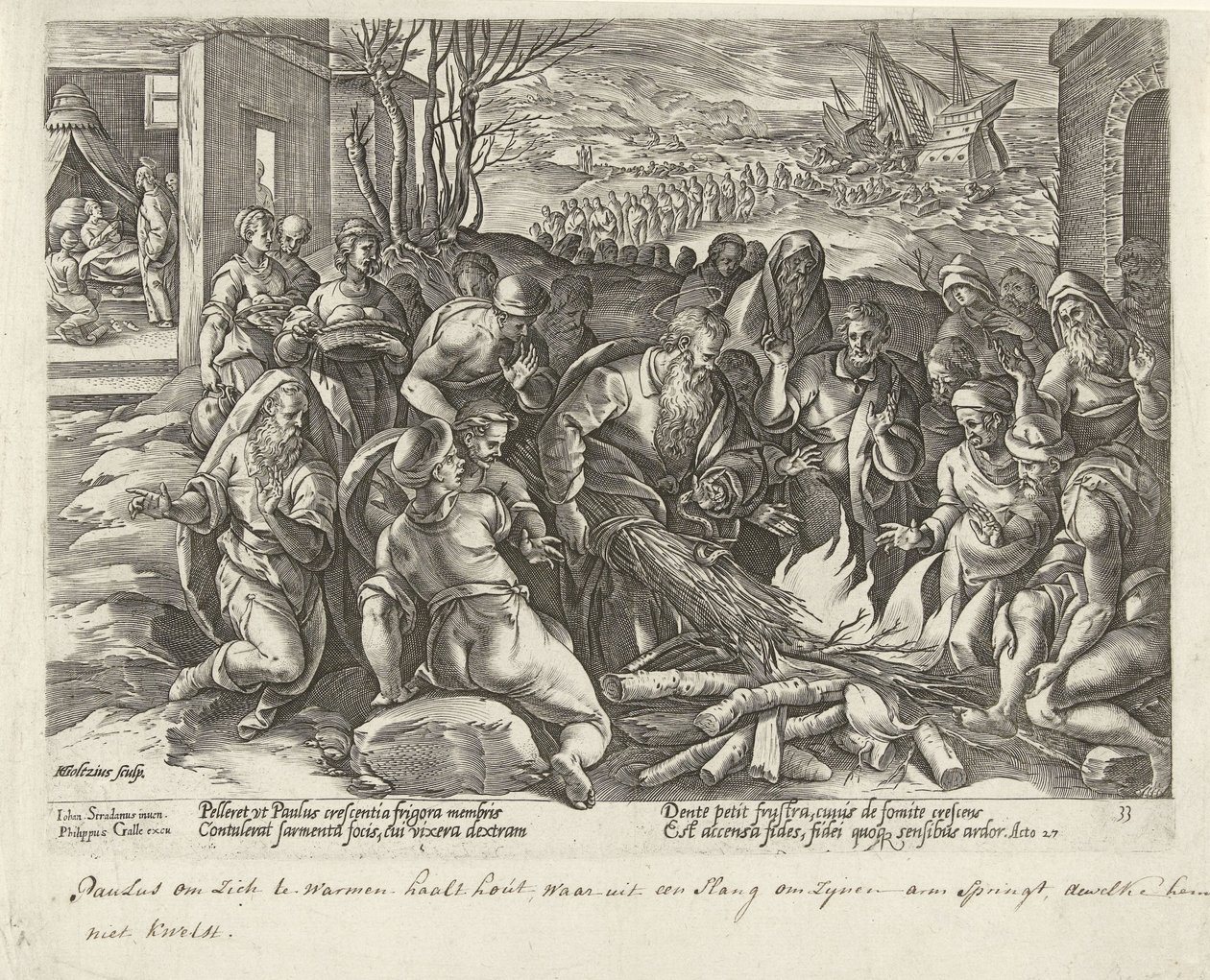 Paula na Maltě uštkne zmije Skutky apoštolů (název série) Acta Apostolorum (název série) od Hendrick Goltzius