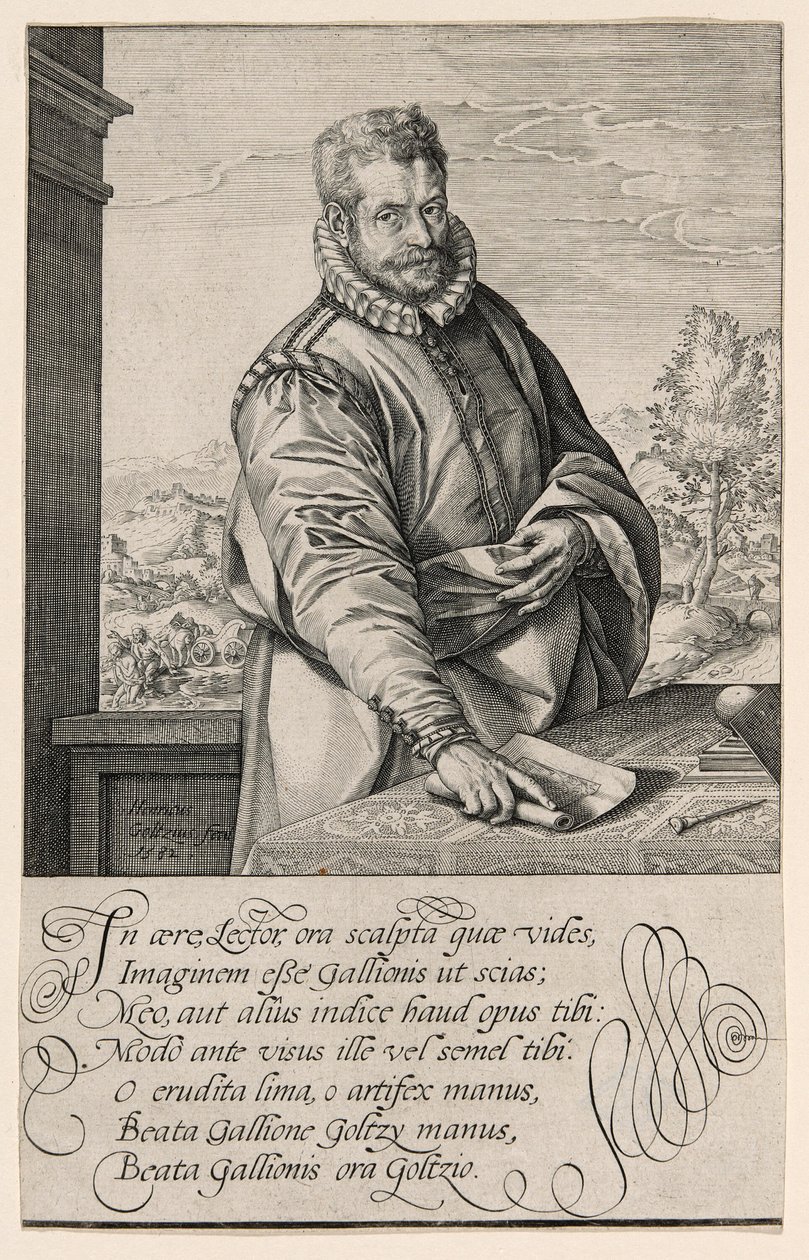 Philips Galle (1537-1612), žák Coornhert z Haarlemu, rytec a vydavatel v Antverpách od roku 1570; Křest eunucha v pozadí vlevo od Hendrick Goltzius