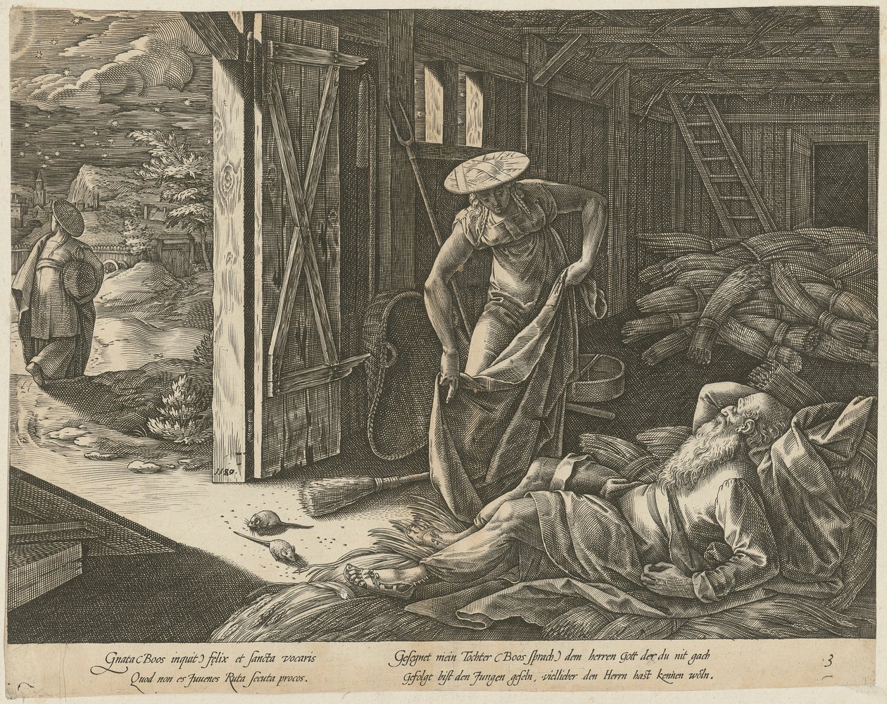 Rút a Boaz ve stodole, list 3 ze série „Příběh Rút“ od Hendrick Goltzius