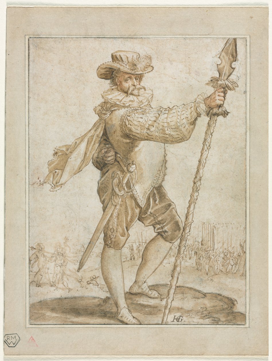 Stálý důstojník drží kančí kopí od Hendrick Goltzius