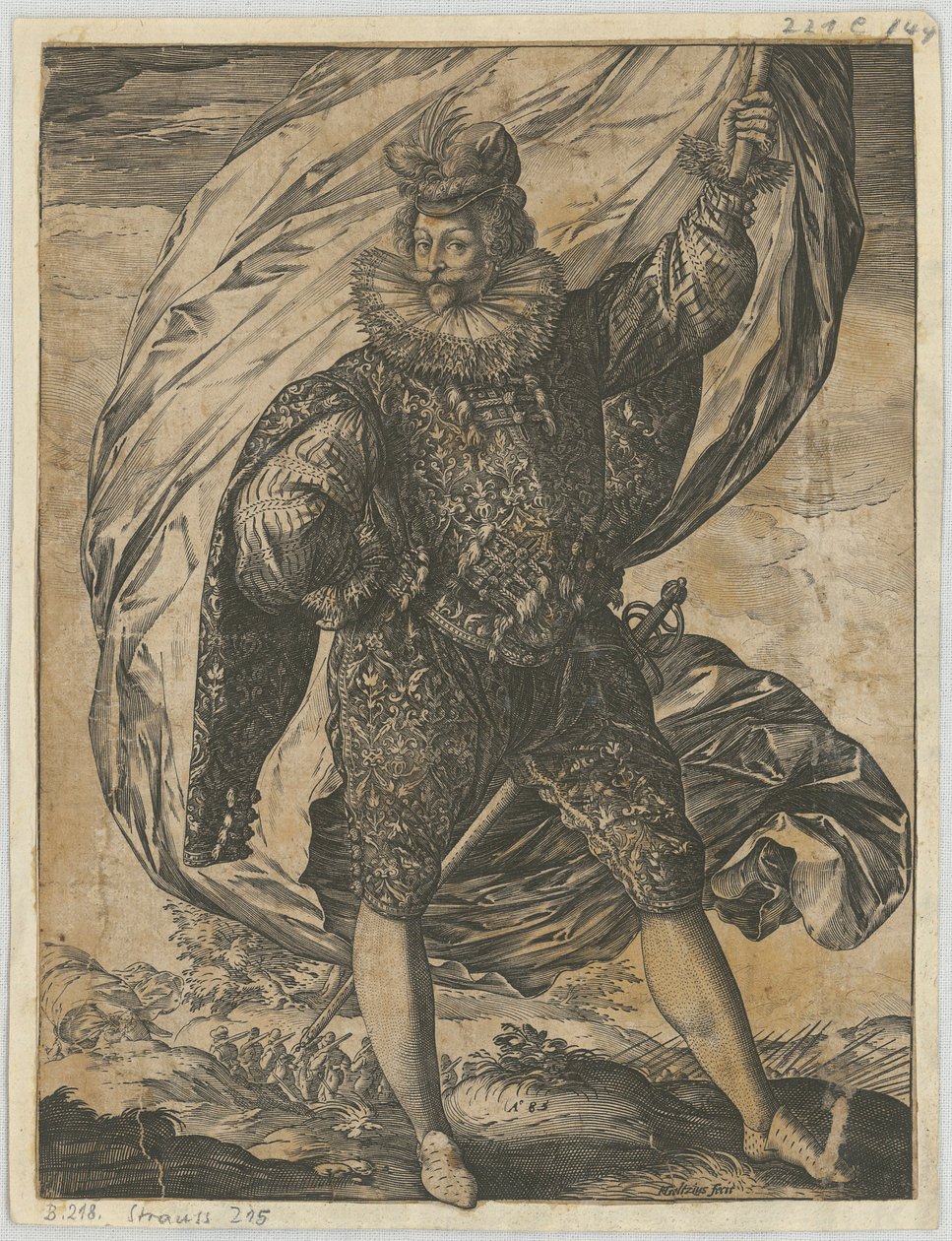 Stojící vlajkonoš s hlavou otočenou doleva od Hendrick Goltzius