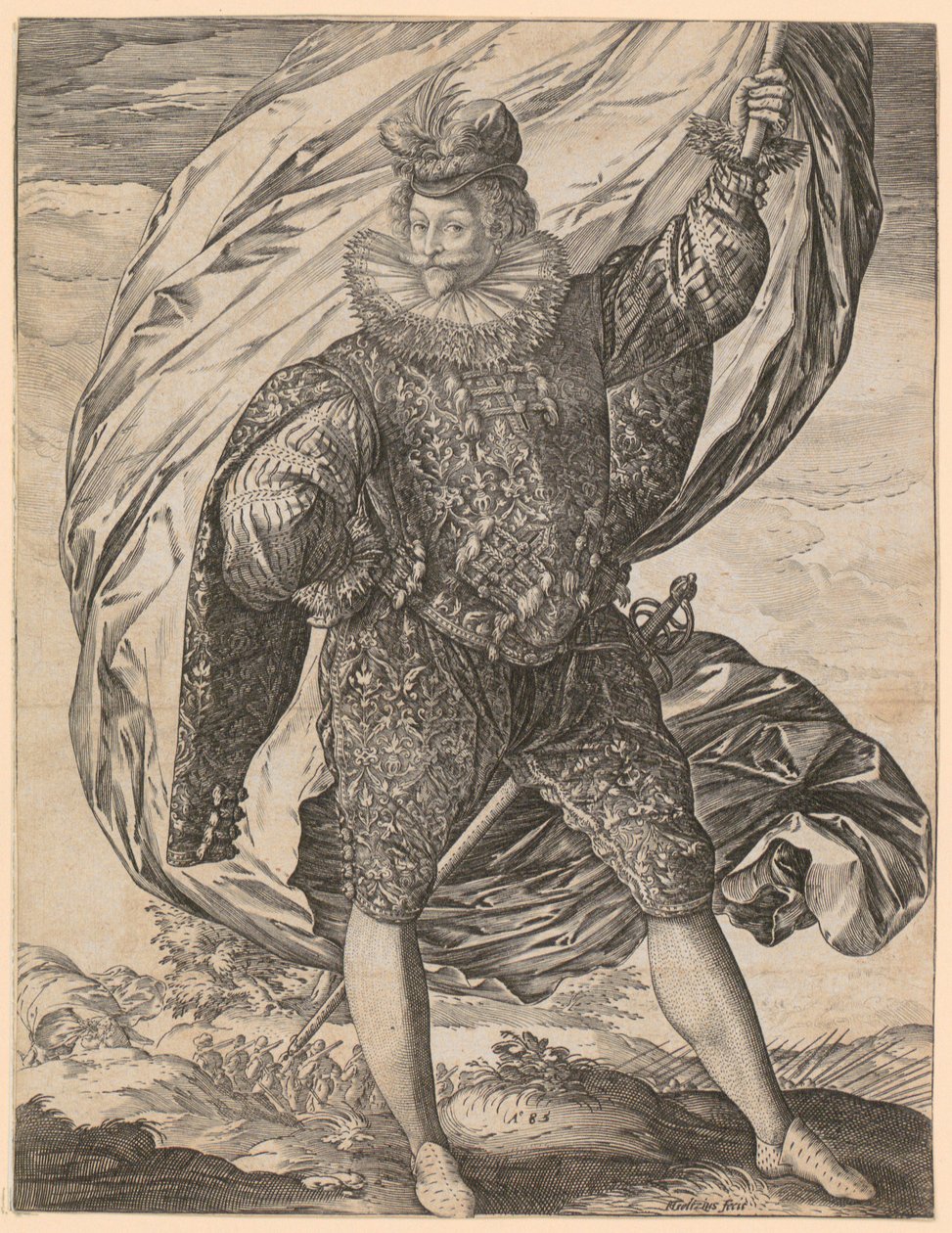 Stojící praporečník s hlavou obrácenou doleva od Hendrick Goltzius