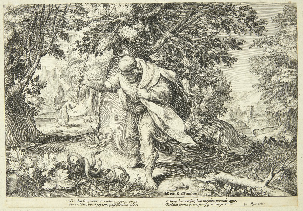 Teiresias udeří hůlkou dva pářící se hady od Hendrick Goltzius