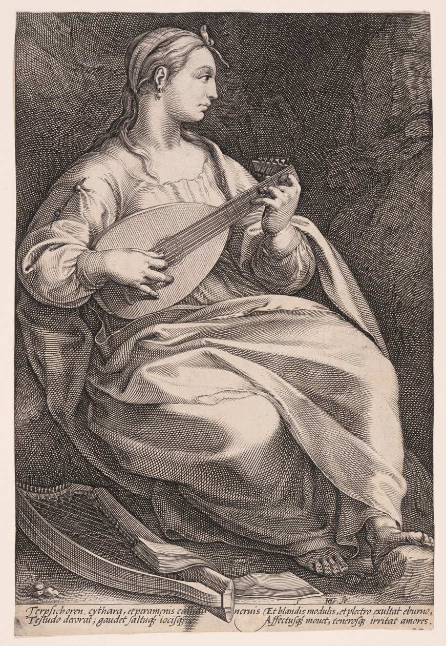 Terpsichora, múza tance, z knihy Devět múz od Hendrick Goltzius