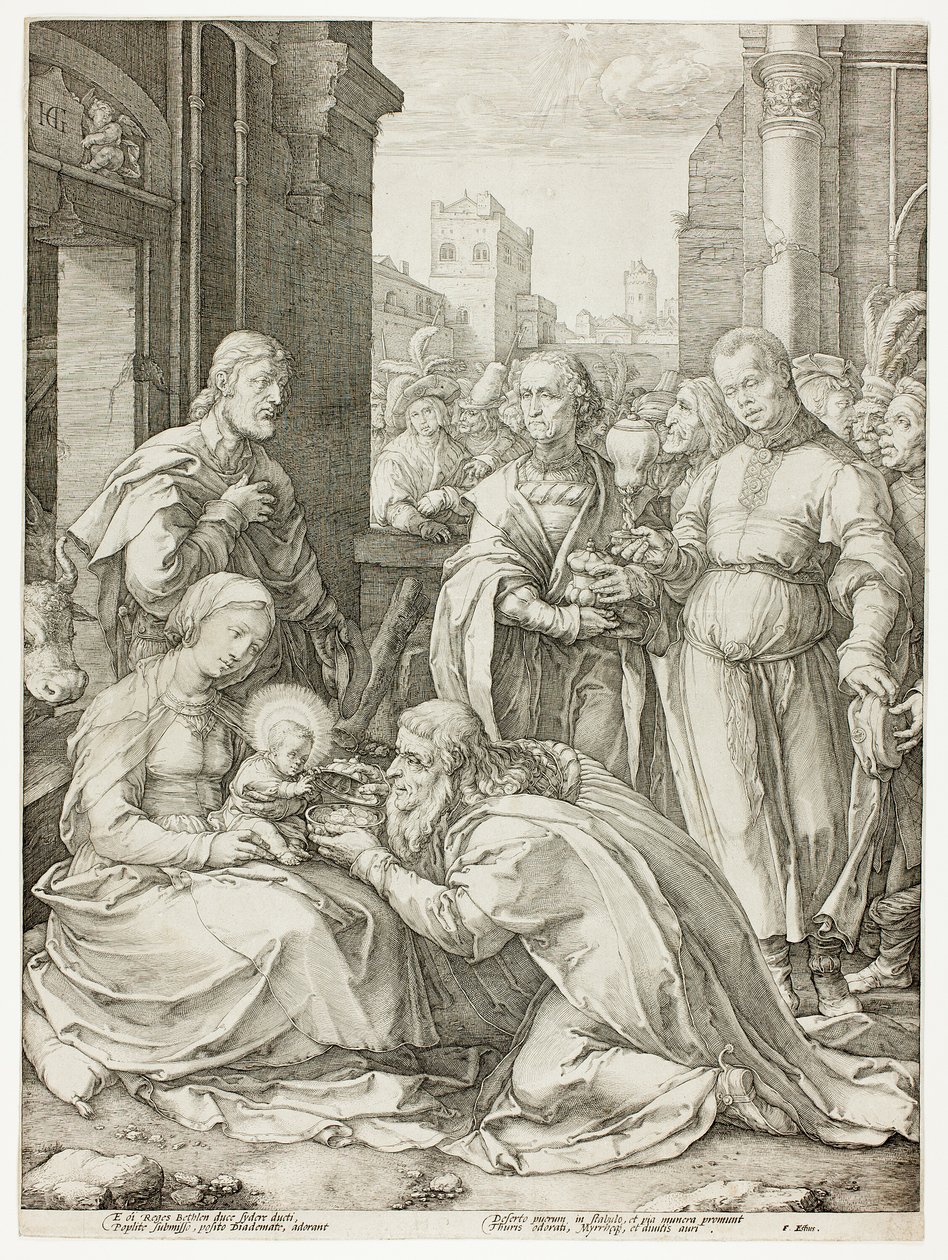 Klanění tří králů, deska pět z Narození a raného života Krista od Hendrick Goltzius