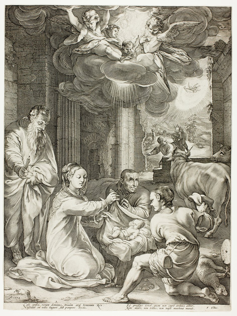 Klanění pastýřů, třetí deska z Narození a raného života Krista od Hendrick Goltzius