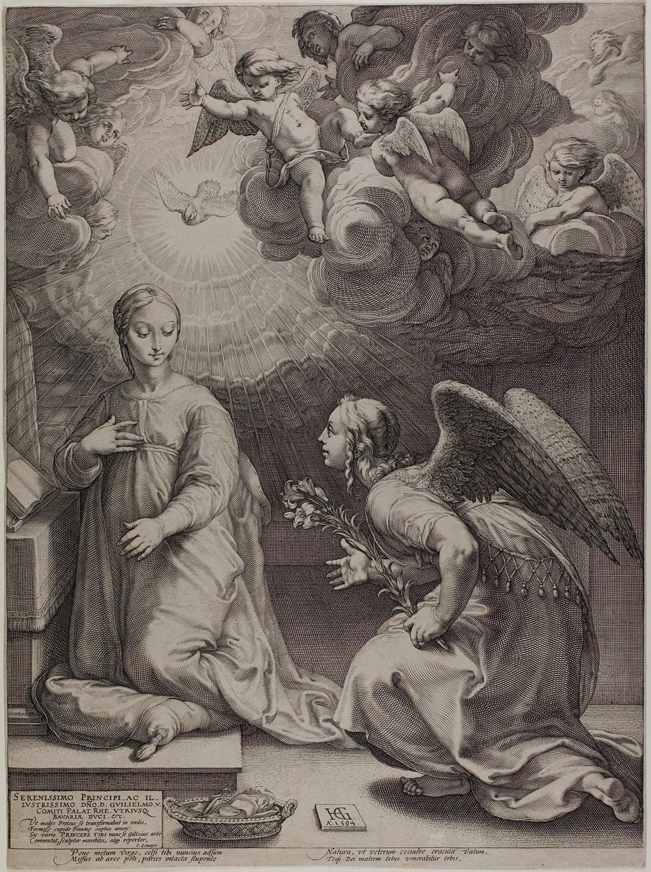 Zvěstování, první deska z Narození a časného života Krista od Hendrick Goltzius