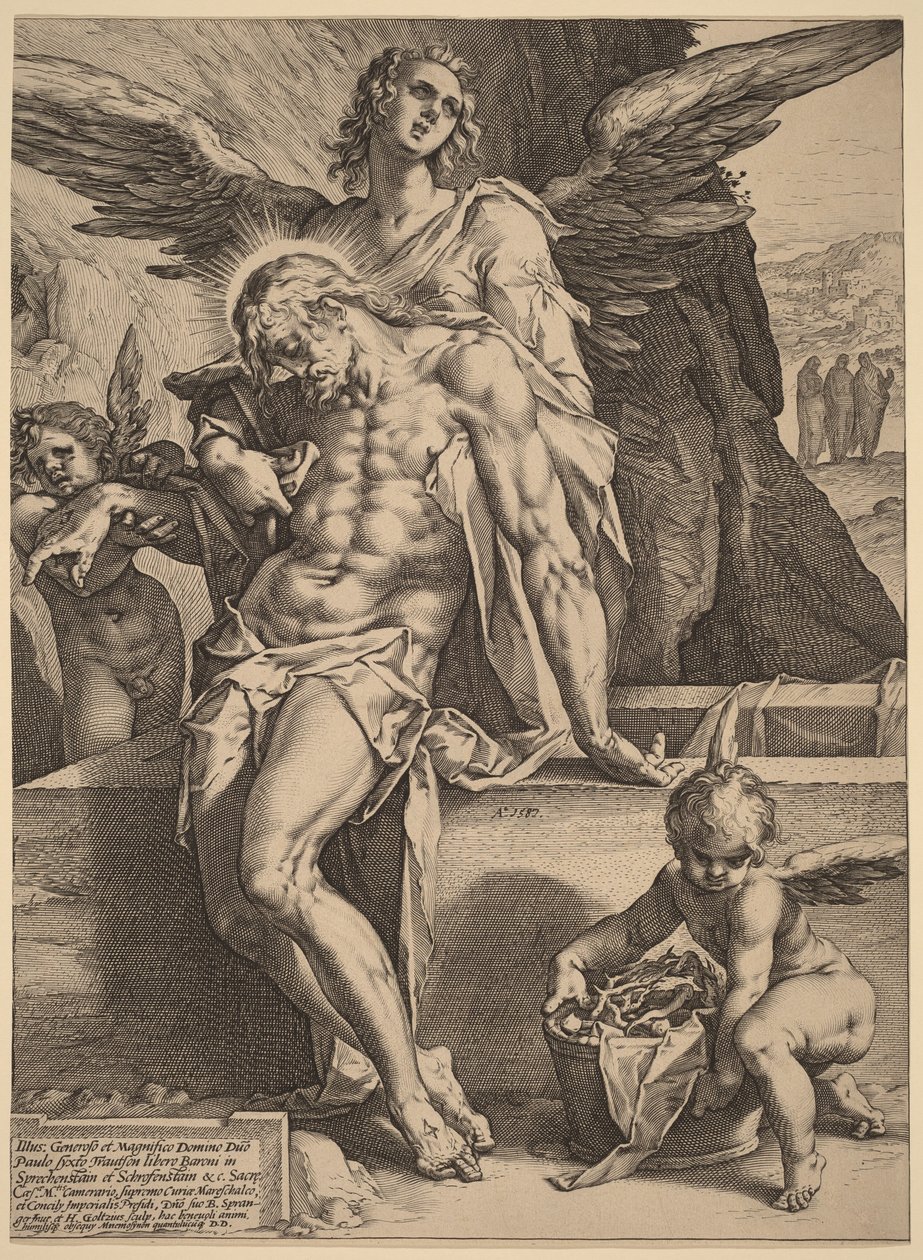 Kristovo tělo podpírané anděly od Hendrick Goltzius