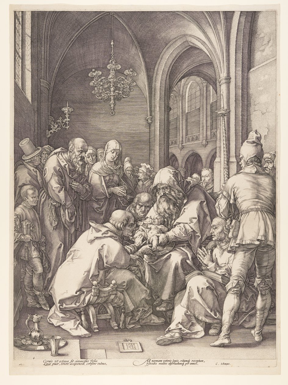 Obřízka, z knihy Narození a raný život Krista od Hendrick Goltzius