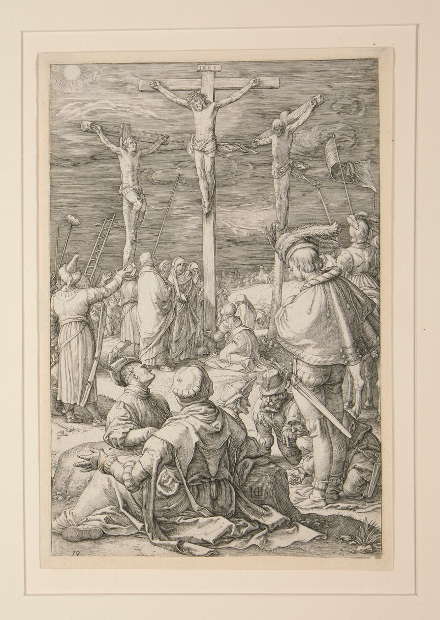 Ukřižování (Kristus na kříži), z Umučení, # 10 v sérii 12 rytin od Hendrick Goltzius