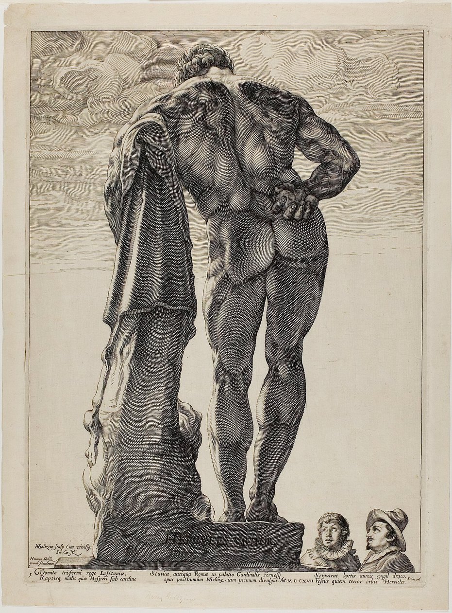 Farnesian Hercules, deska jedna ze tří slavných antických soch od Hendrick Goltzius
