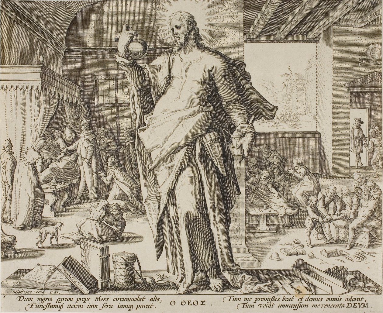 Lékař považovaný za Boha, deska jedna z Alegorií lékařské profese. od Hendrick Goltzius