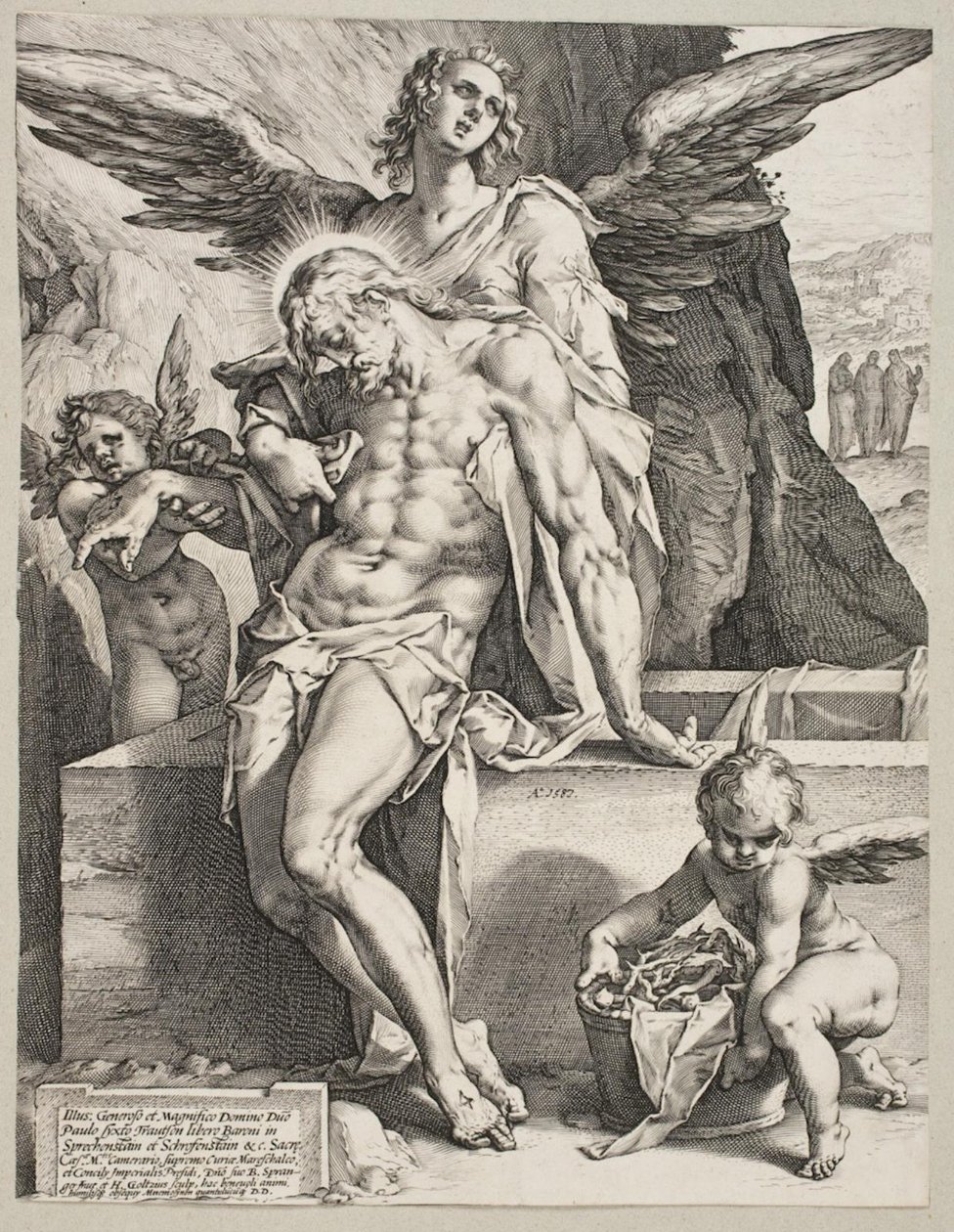 Tělo Kristovo podpírané andělem od Hendrick Goltzius