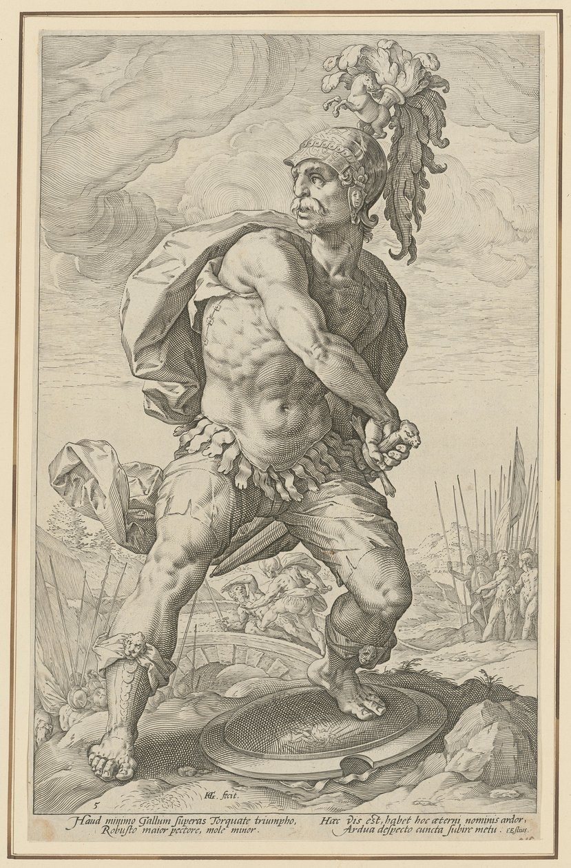 Titus Manlius Torquatus, list 5 ze série „Římští hrdinové“ od Hendrick Goltzius