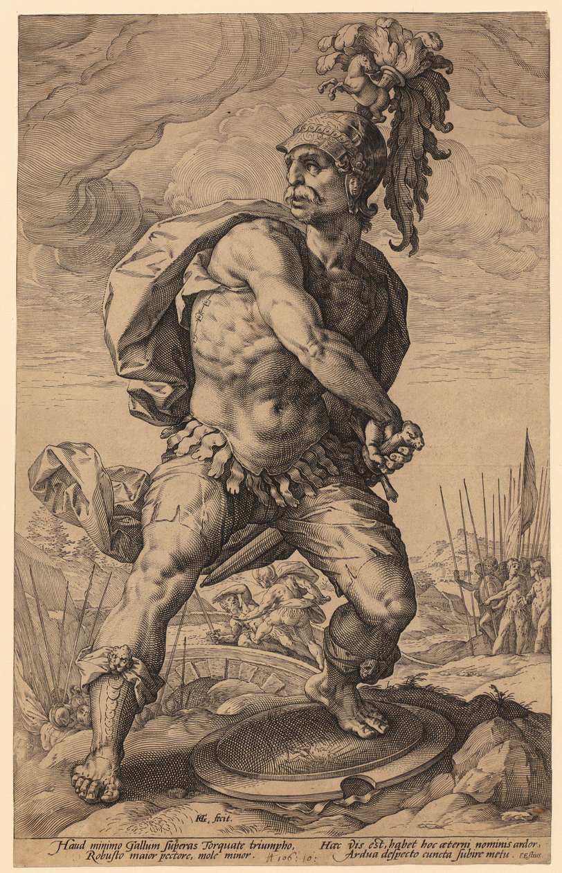 Titus Manlius Torquatus, list 5 ze série „Římští hrdinové“ od Hendrick Goltzius