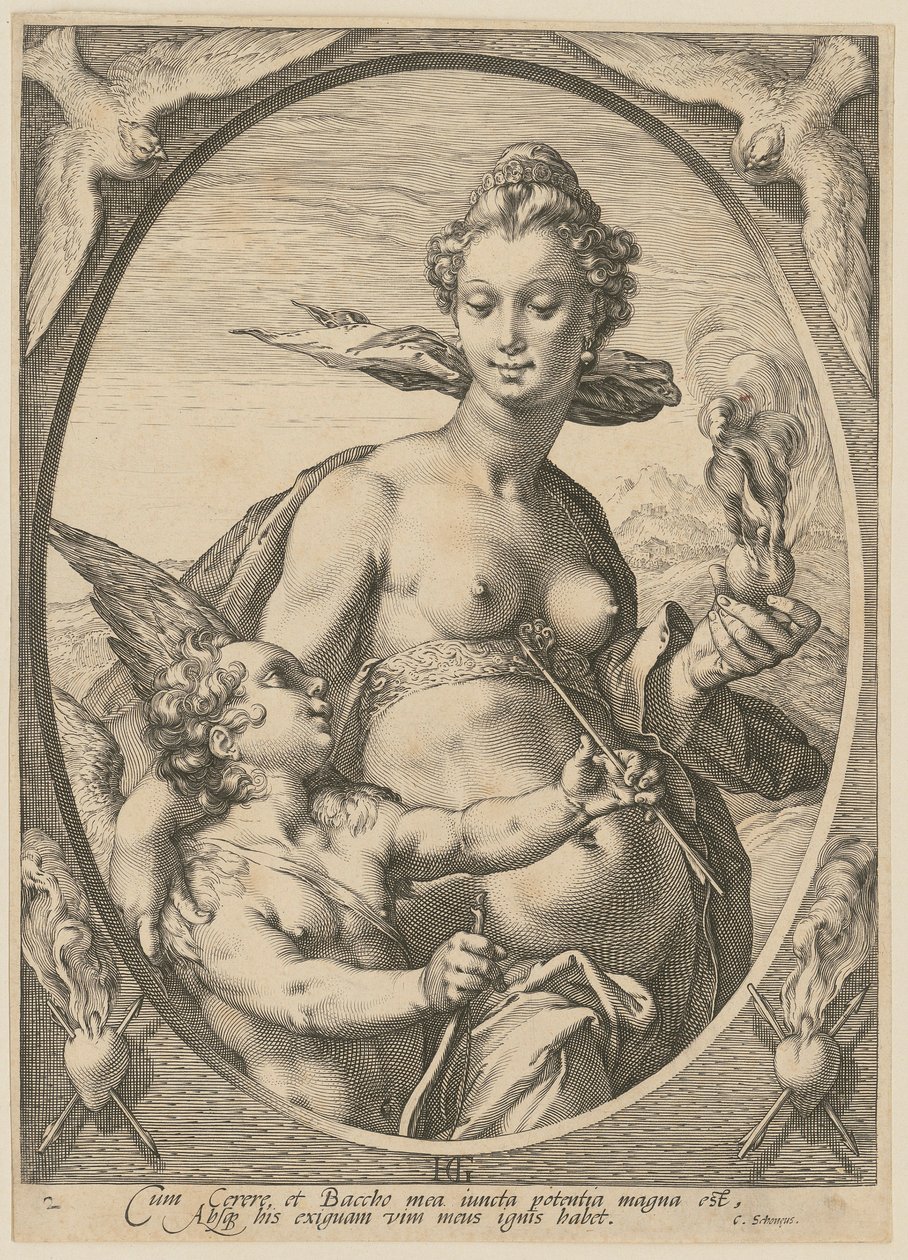 Venuše a Amor, list č. 2 ze série „Bacchus, Venuše a Ceres“ od Hendrick Goltzius