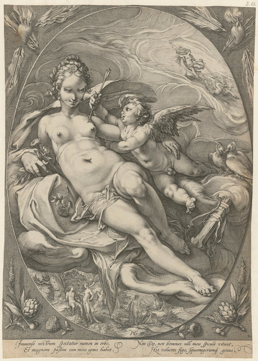 Venuše a Amor, list č. 2 ze série „Tři bohyně“ od Hendrick Goltzius