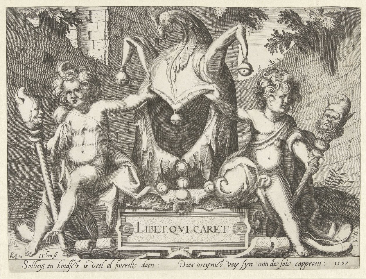 Dva putti s bláznivou kuklou Libet qui cart (název na objektu) od Hendrick Hondius (I)