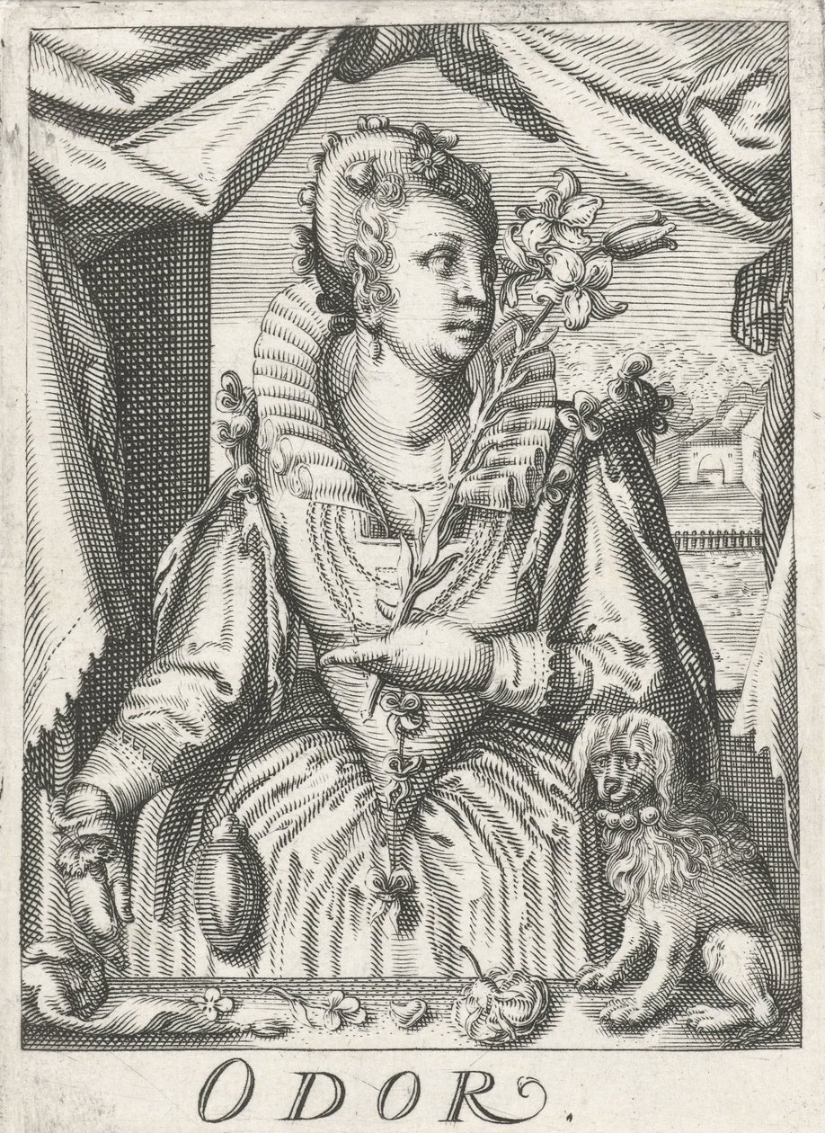 Čich (Vůně), žena s květinovou ratolestí Zápach (nadpis na předmětu) The Five Senses (název série) od Hendrick Hondius (rejected attribution)
