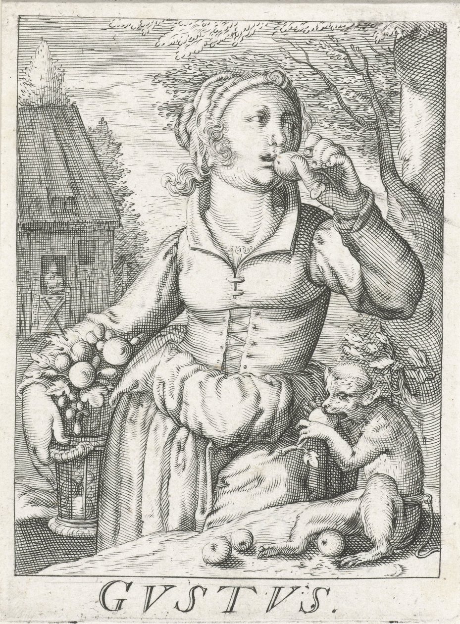 Chuť (Gustus), žena s ovocem Gustus (název na objektu) Pět smyslů (název série) od Hendrick Hondius (rejected attribution)