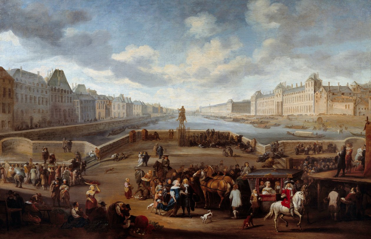Pohled na Paříž s Louvrem z mostu Henriho IV (Actuel Pont Neuf). Obraz od Hendrickse Mommerse (1623-1693) od Hendrick Mommers
