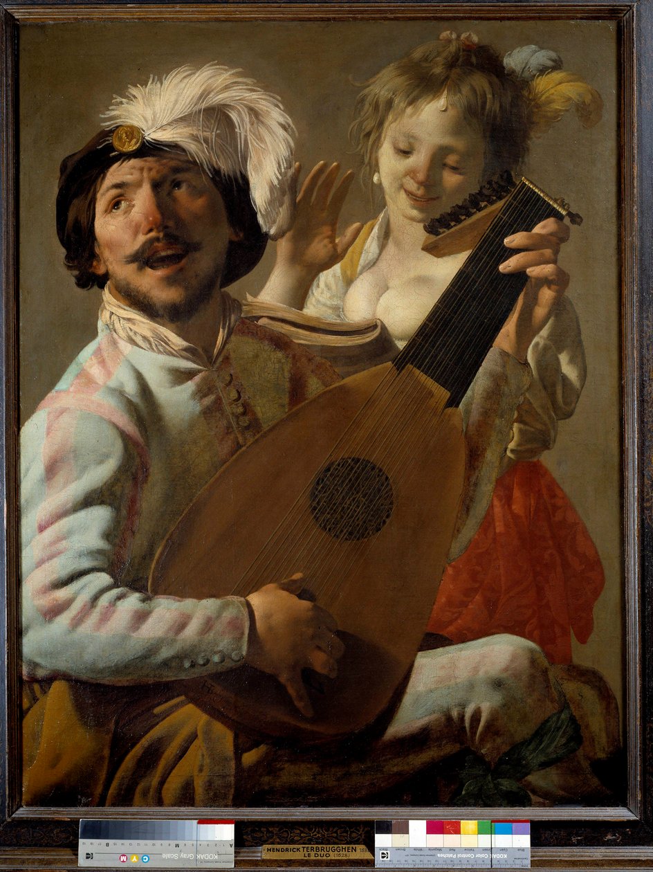 Duo Zpěvák hrající na loutnu s tanečnicí. Obraz od Hendricka ter Brugghena (nebo Terbrugghena od Hendrick ter Brugghen