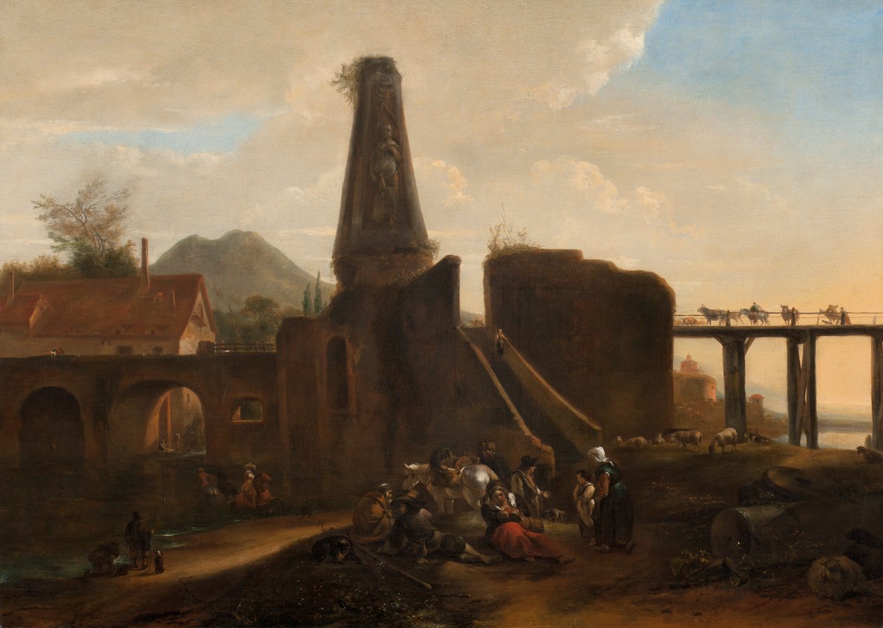 Travelers at Rest vedle klasických ruin, 1663 olej na plátně od Hendrick Verschuring