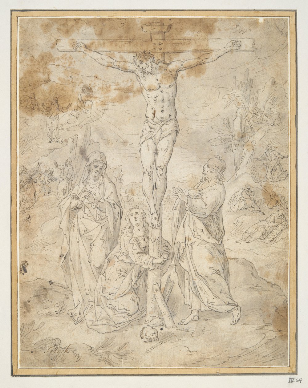 Kristus na kříži mezi Pannou Marií a svatým Janem s pašijovými výjevy v pozadí od Hendrick de Clerck