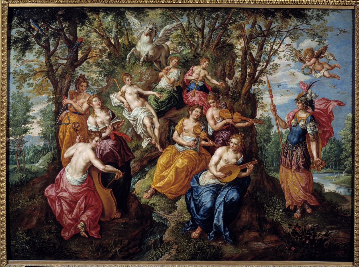 Návštěva Minervy v malbě Muses od Hendricka de Clerka (1570-1629) (ec.flam.) Chalons Sur Marne ze 17. století. Muzeum výtvarných umění od Hendrick de Clerk