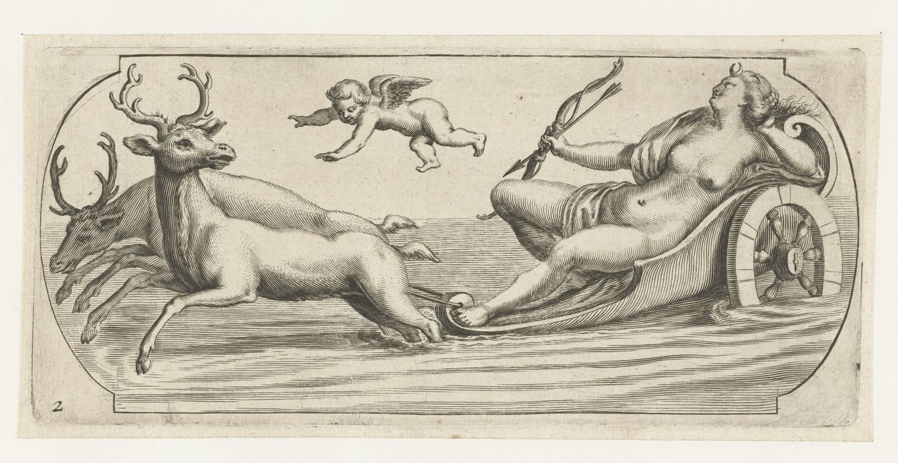 Diana s lukem a šípy Nouveau Livre des Dieux et Deeßes De la Marine Bouckje mořských bohů a bohyň (název série) od Hendrick de Keyser (I)