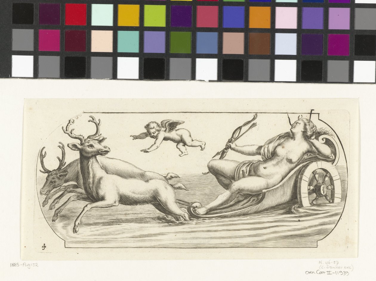 Diana na voze Nouveau Livre des Dieux et Deeßes De la Marine Bouckje mořských bohů a bohyň (název série) od Hendrick de Keyser (I)