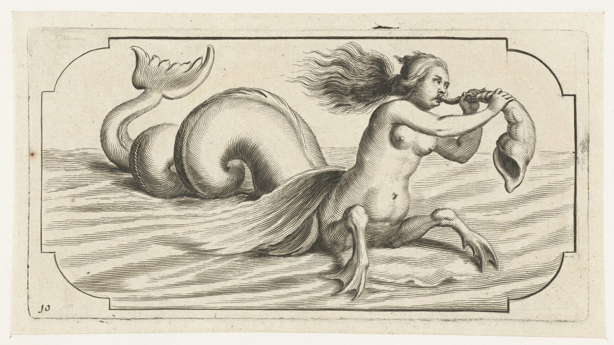 Ženská postava fouká na mušli Nouveau Livre des Dieux et Deeßes De la Marine Bouckje mořských bohů a bohyň (název série) od Hendrick de Keyser (I)
