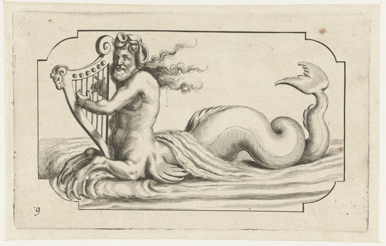 Triton hraje na harfu Nouveau Livre des Dieux et Deeßes De la Marine Bouckje mořských bohů a bohyň (název série) od Hendrick de Keyser (I)