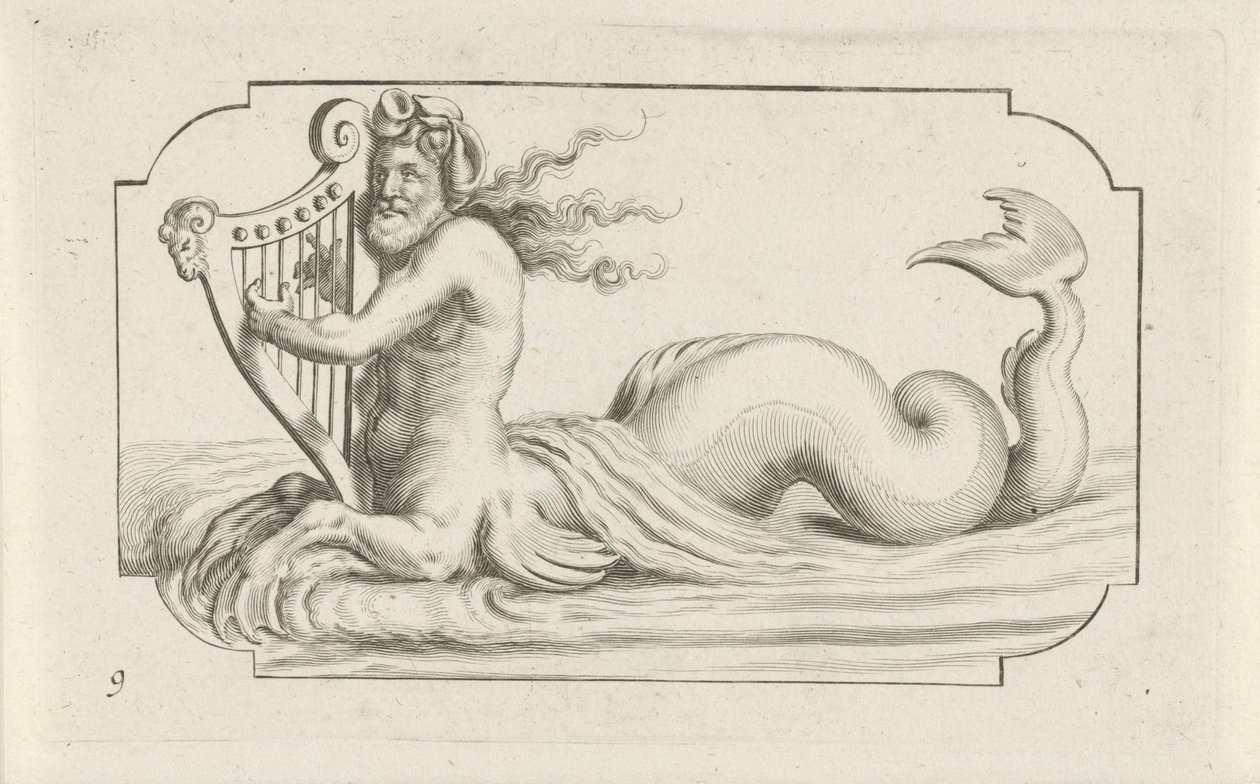 Triton hraje na harfu Nouveau Livre des Dieux et Deeßes De la Marine Bouckje mořských bohů a bohyň (název série) od Hendrick de Keyser (I)