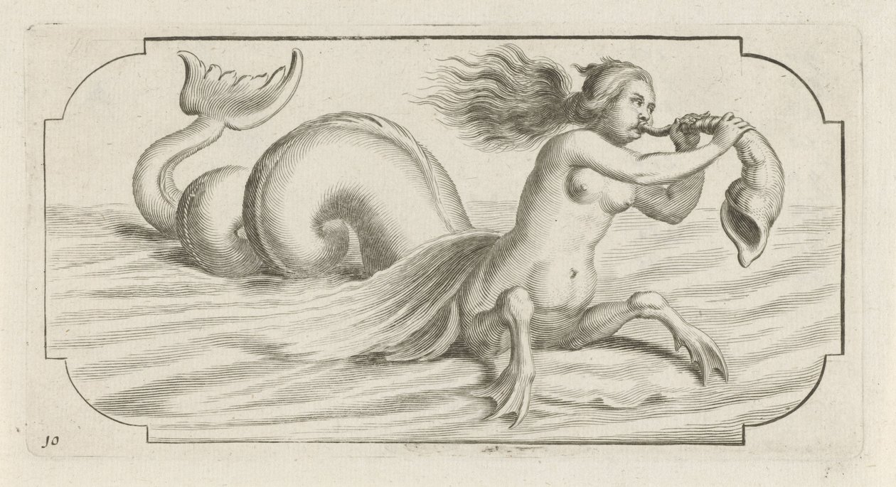Ženská postava fouká na skořápku Nouveau Livre des Dieux et Deeßes De la Marine Bouckje mořských bohů a bohyň (název série) od Hendrick de Keyser (I)