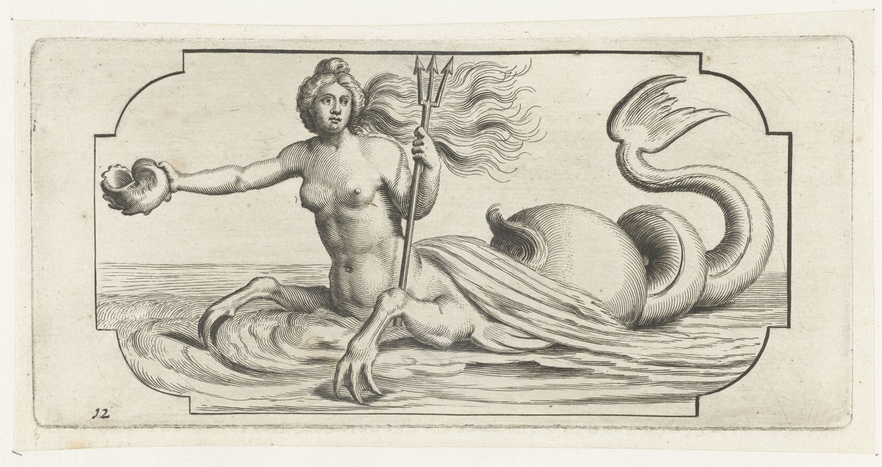 Ženská postava s trojzubcem Neptuna Nouveau Livre des Dieux et Deeßes De la Marine Bouckje mořských bohů a bohyň (název série) od Hendrick de Keyser (I)