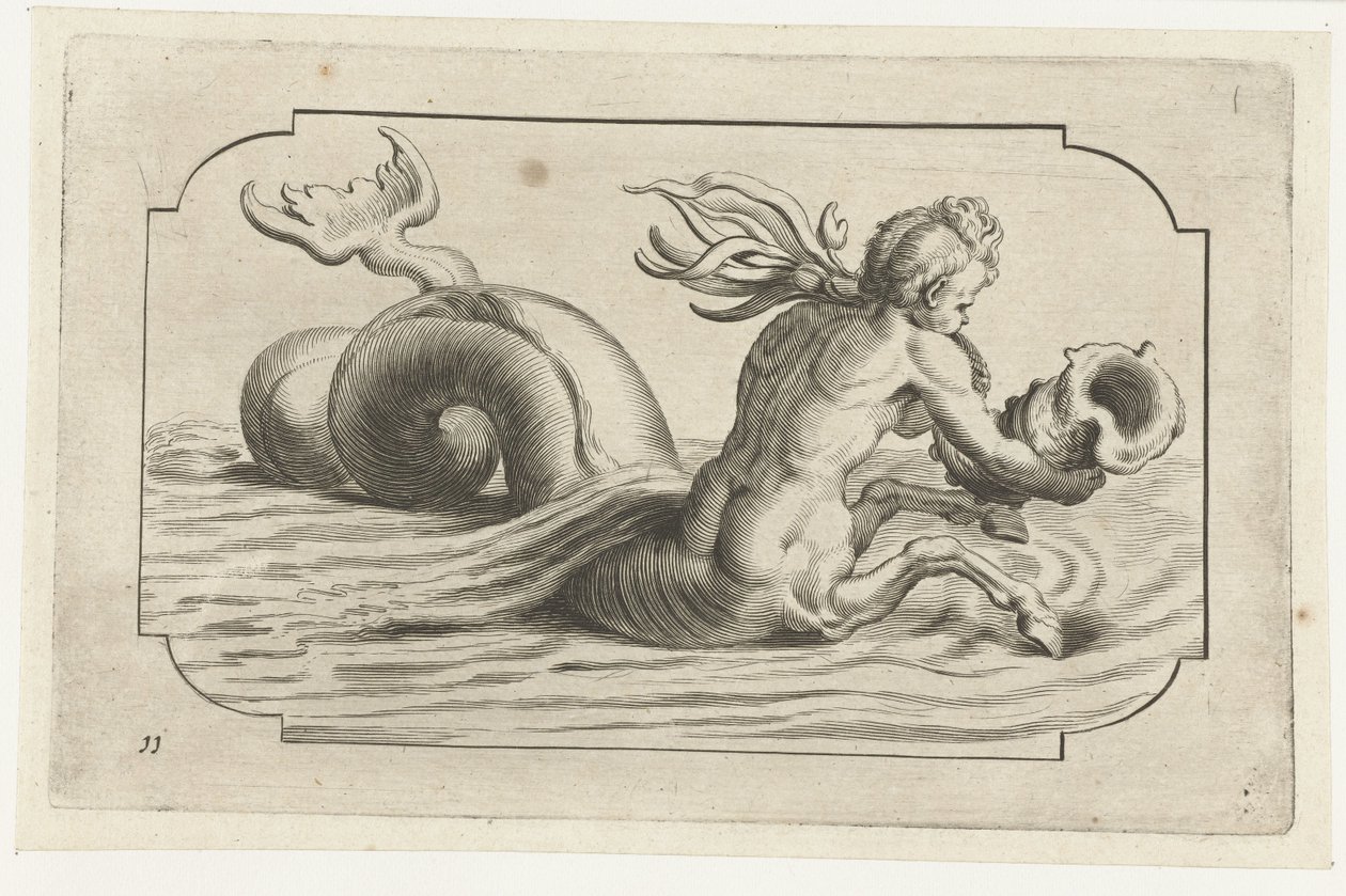 Mořský koník s mužskou horní částí těla Nouveau Livre des Dieux et Deeßes De la Marine Bouckje mořských bohů a bohyň (název série) od Hendrick de Keyser (I)