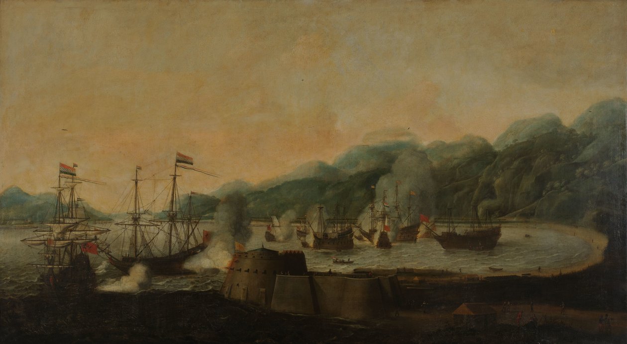 Nizozemská eskadra pod velením Cornelis Simonsz van der Veer provedla překvapivý útok na tři portugalské galeony v zálivu Goa Velha, 30. září 1639 od Hendrick van Anthonissen
