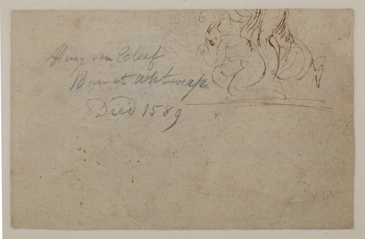 Anotace pozdější rukou. Náčrt krčící se postavy a vzpínajícího se koně, ?, 16. stol od Hendrick van Cleve