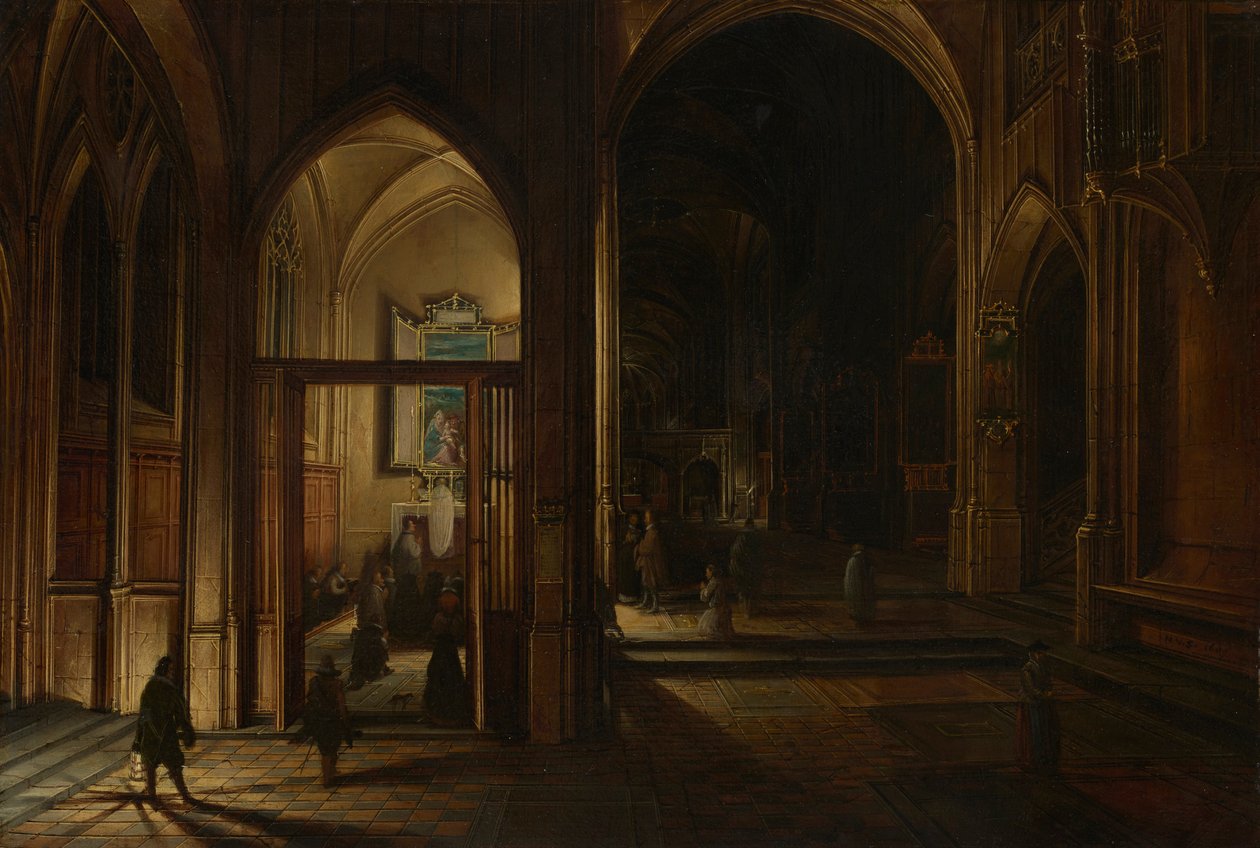 Interiér gotického kostela v noci od Hendrick van Steenwijk the Younger