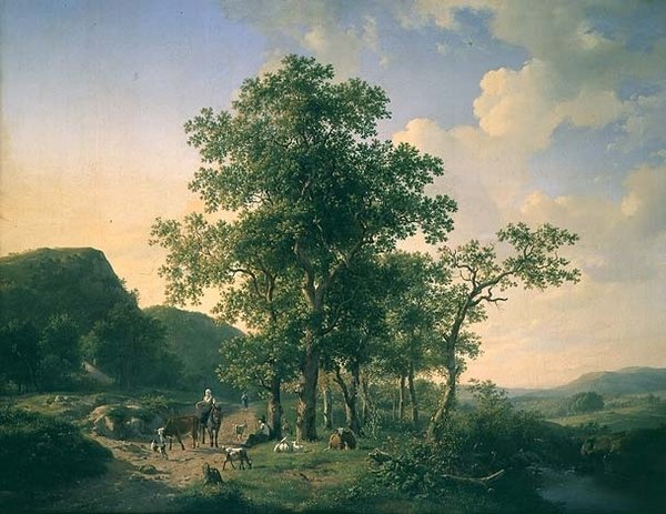Zalesněná krajina s rolníky a zvířaty od Hendrick van de Sande Bakhuyzen