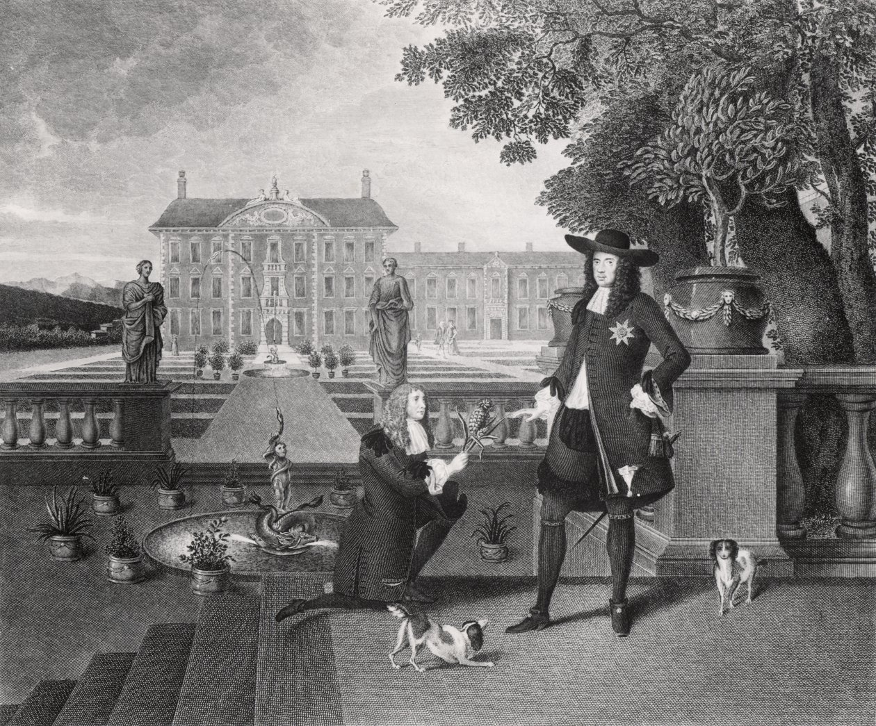John Rose (asi 1621-77), královský zahradník, představuje Karlu II. (1630-85) první ananas vypěstovaný v Anglii, v Dorney Court, asi 1670 od Hendrick Danckerts
