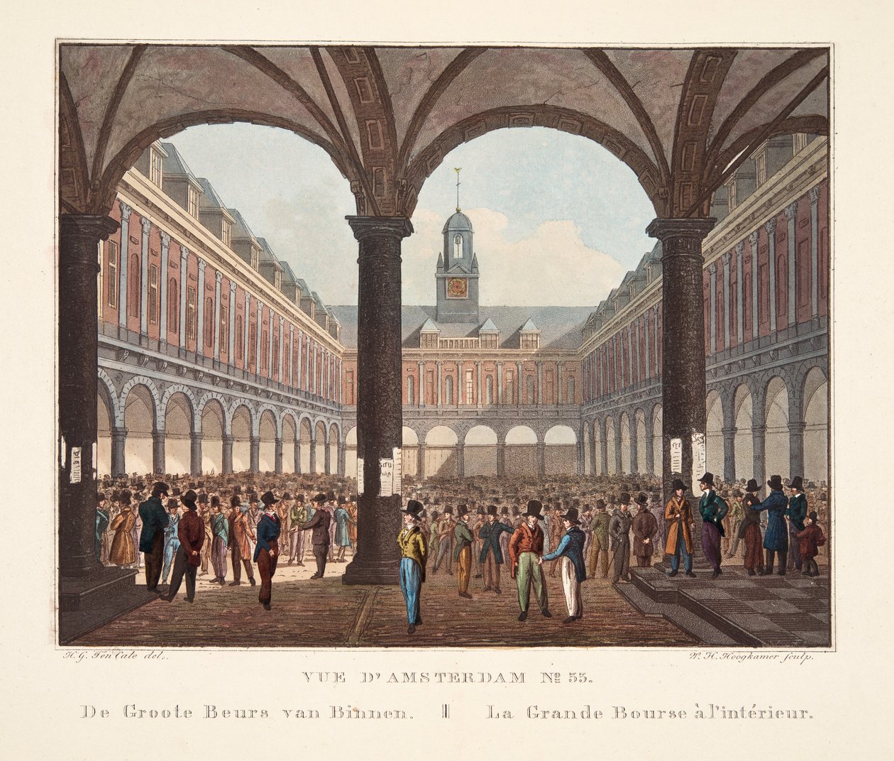 Pohled na Amsterdam č.33. De Groote Beurs van Binnen. La Grande Bourse uvnitř, 1825 (ručně kolorovaná rytina) od Hendrik Gerrit ten Cate