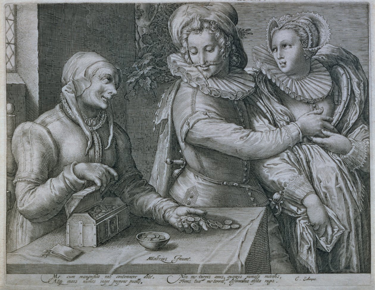 Mladý muž, který dává přednost lásce ke kráse před bohatstvím, vyryl Jacob Matham (1571-1631) od Hendrik Goltzius