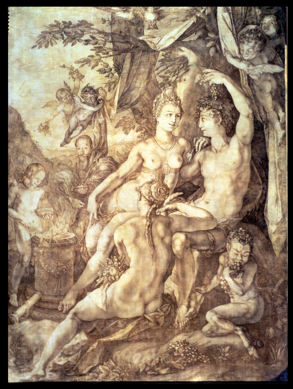 Bakchus, Venuše a Ceres, asi 1606 (pero a hnědý inkoust) od Hendrik Goltzius