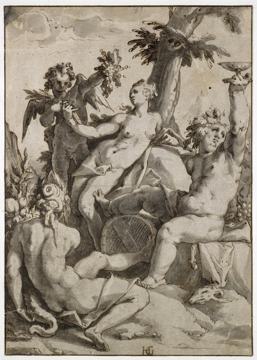 Ceres, Venuše a Bacchus, 16. století (pero a inkoust a šedá barva na papíře) od Hendrik Goltzius