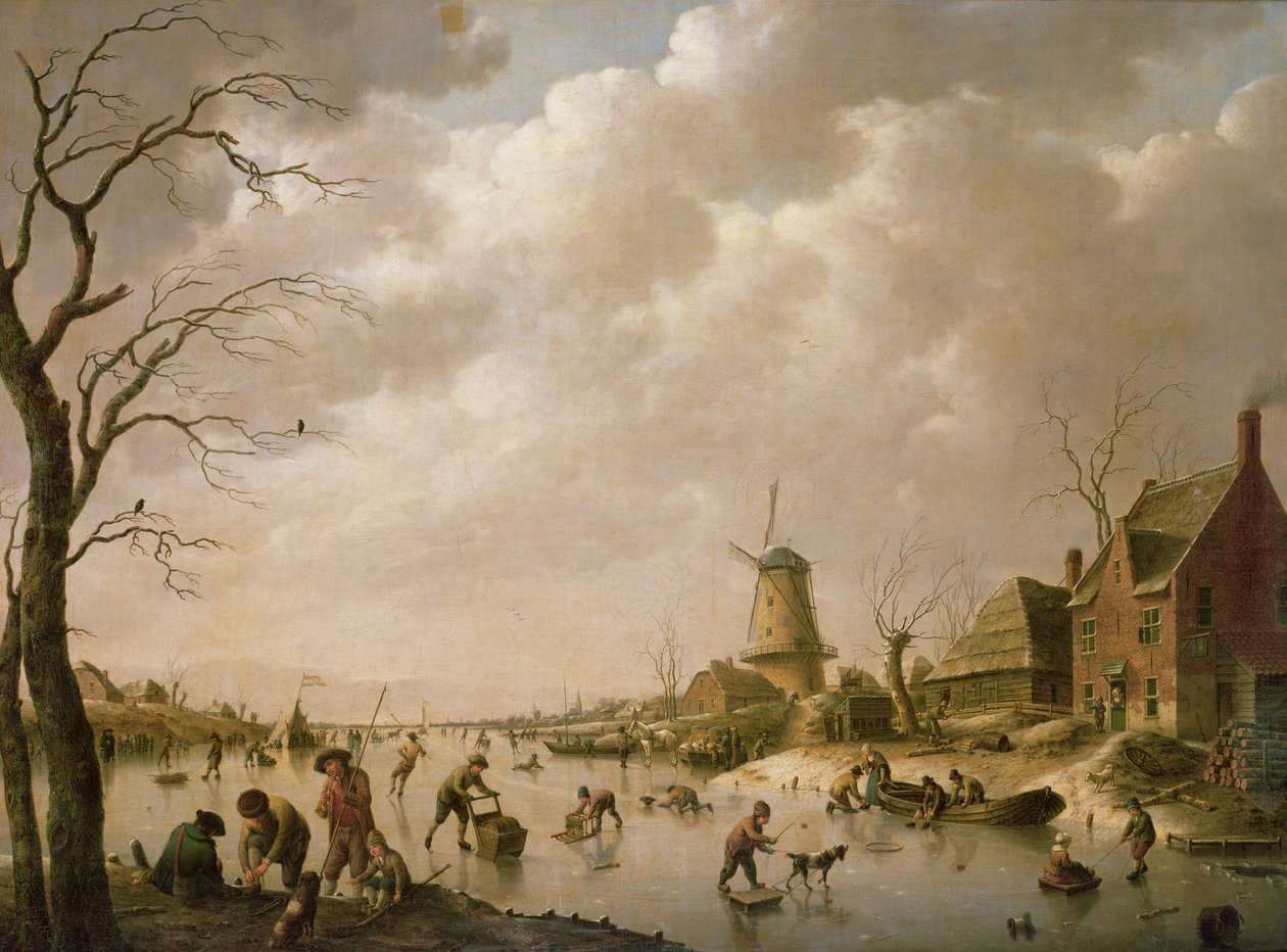 Bruslaři na zamrzlém kanálu, 1779 od Hendrik Willem Schweickardt
