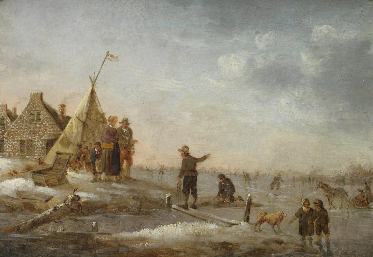 Zimní krajina s krasobruslením před vesnicí od Hendrik Willem Schweickhardt